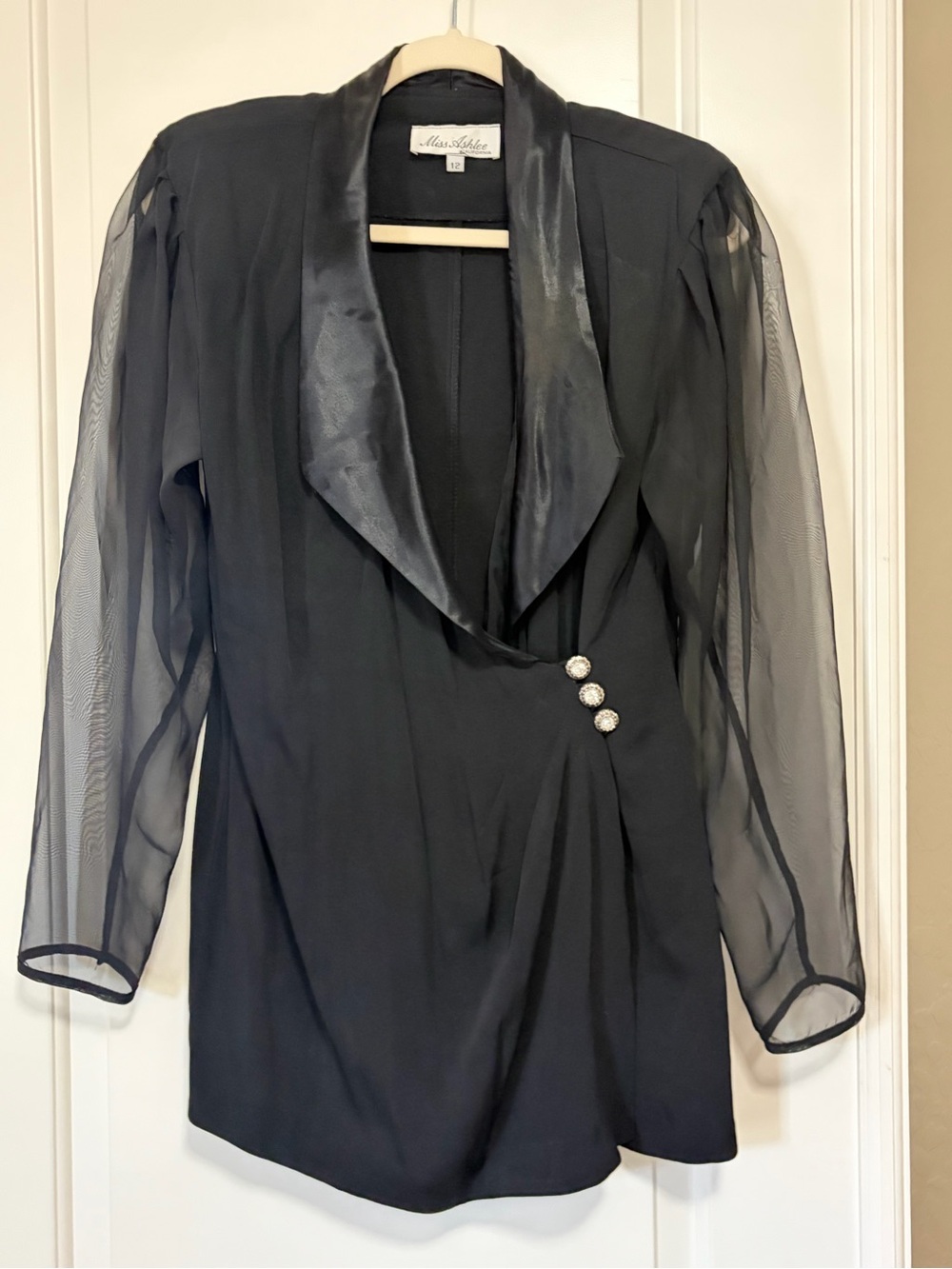 90s Vintage Tuxedo Wrap Black Satin-Trim Sheer Blazer or Mini Dress